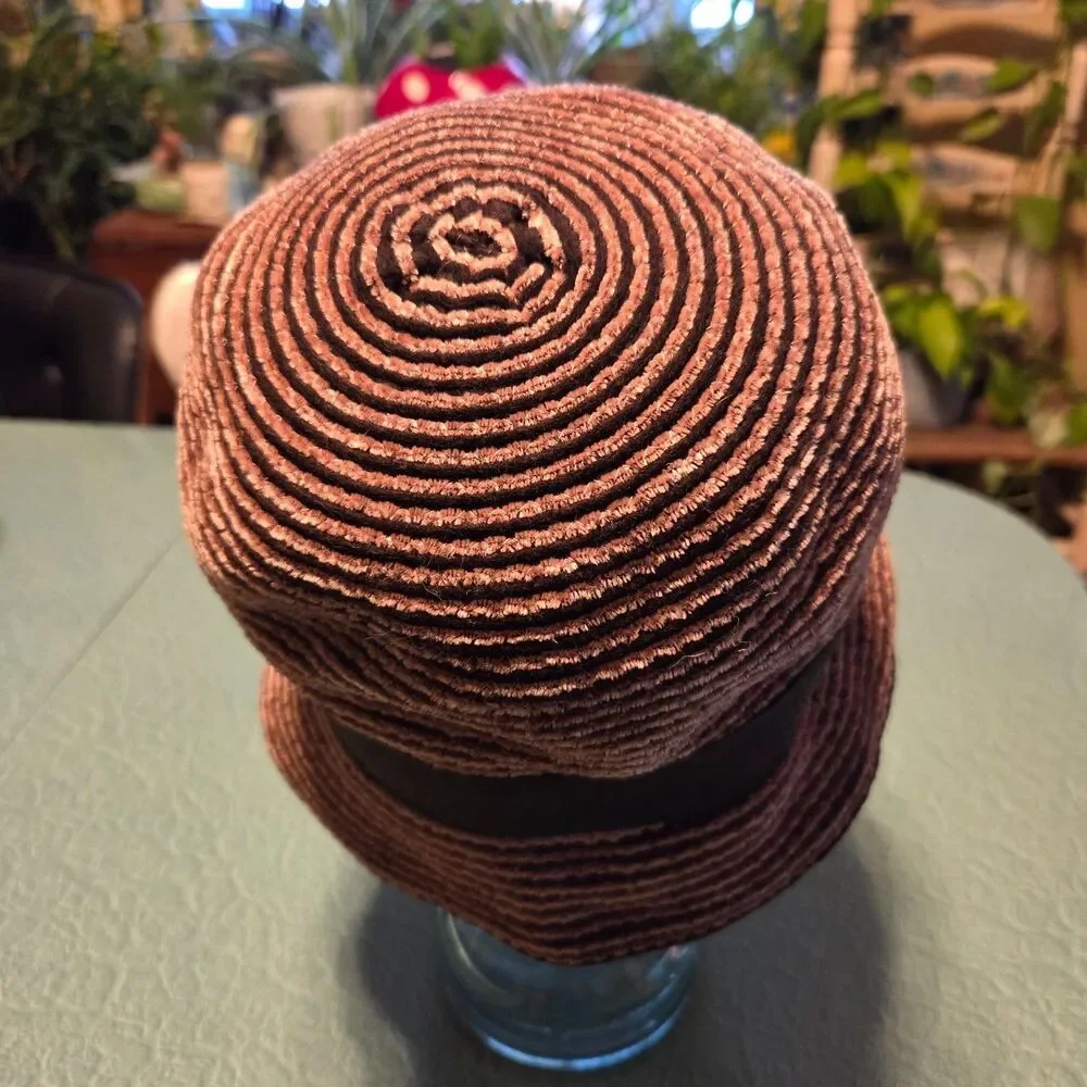 Vintage 1950s Nancy Eileen Modes Fabric Bucket Cloche Hat Brown Striped Small